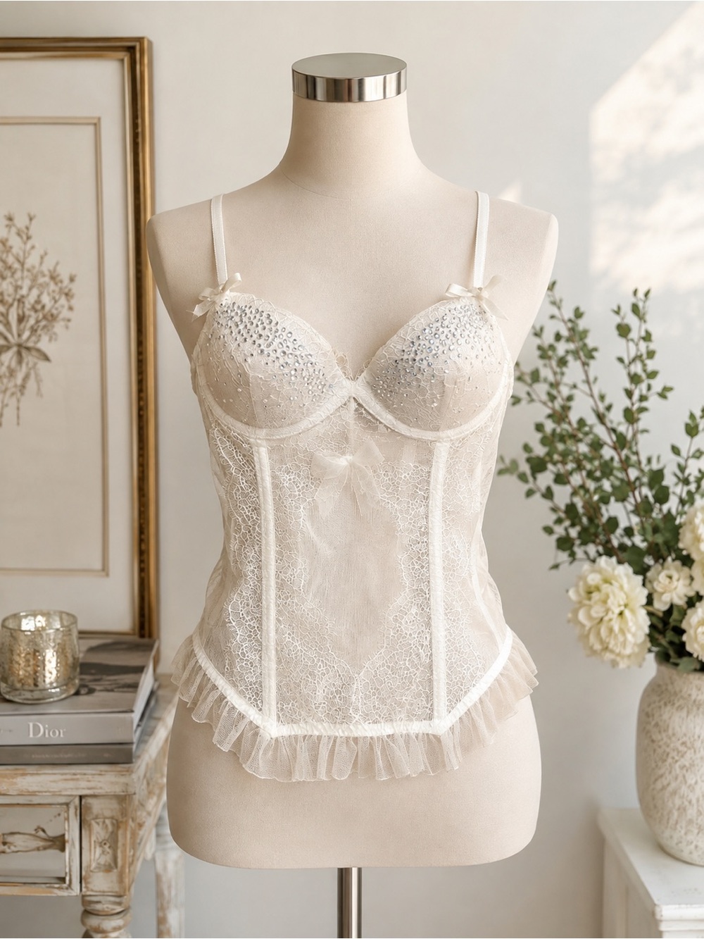 Victoria’s Secret White Lace Rhinestone Corset Bustier Ruffle Lingerie Top 34B